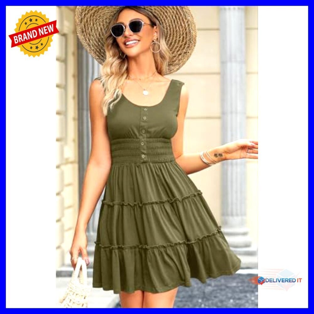 Sleeveless Smocked Empire Waist Tiered Ruffle Mini Dress Summer Casual Swing - Picture 4 of 7